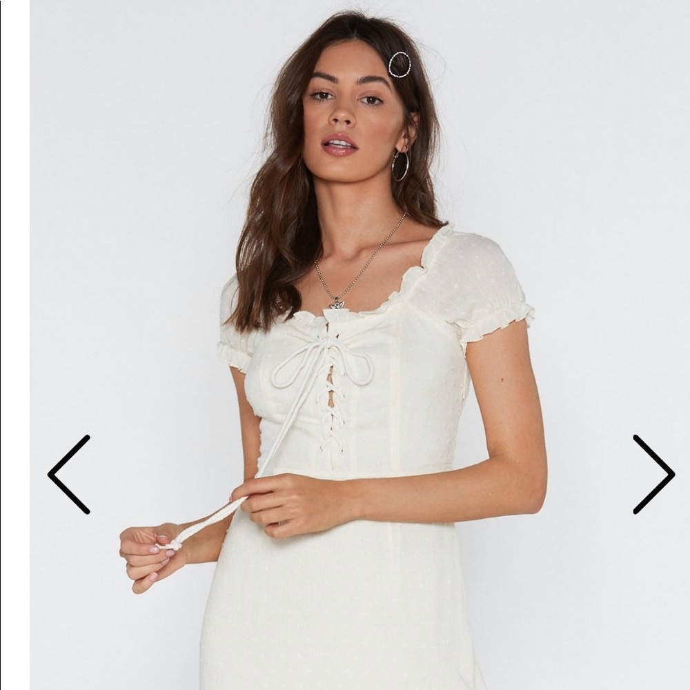Puff Sleeve Lace Up Dobby Lined White Mini Dress